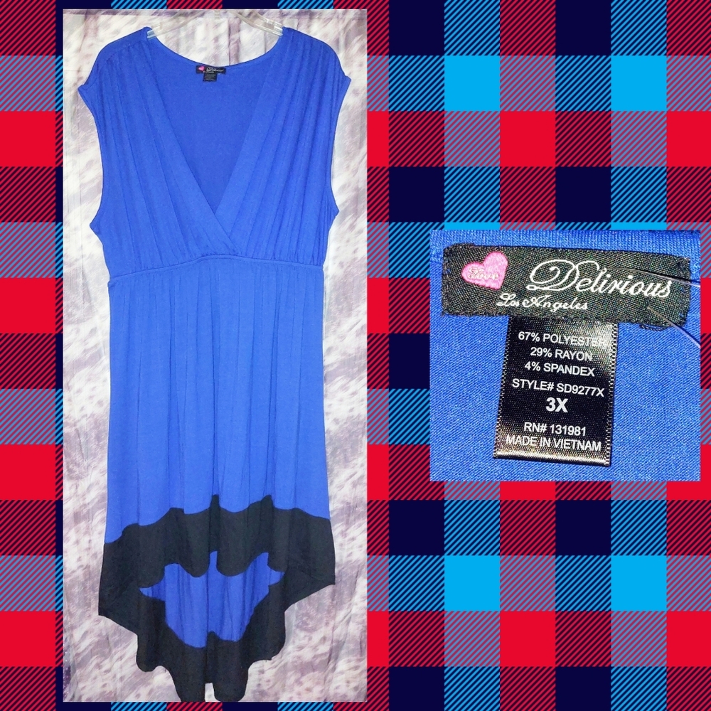 Delirious brand Royal Blue & Black Colorblock Hi-Lo Soft Knit Dress Jrs Plus 3X